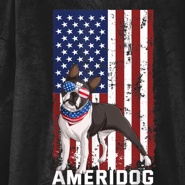 Ameridog Funny Boston Terrier With Sunglases American Flag Hooded Wearable Blanket