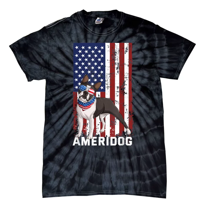 Ameridog Funny Boston Terrier With Sunglases American Flag Tie-Dye T-Shirt