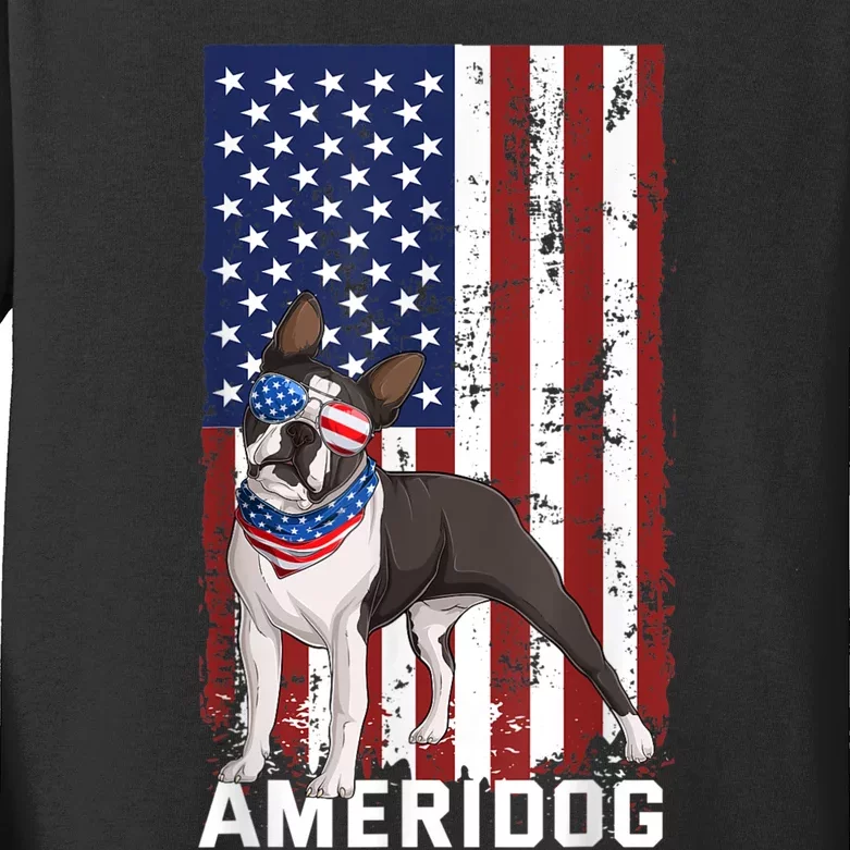 Ameridog Funny Boston Terrier With Sunglases American Flag Kids Long Sleeve Shirt