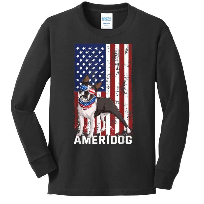 Ameridog Funny Boston Terrier With Sunglases American Flag Kids Long Sleeve Shirt