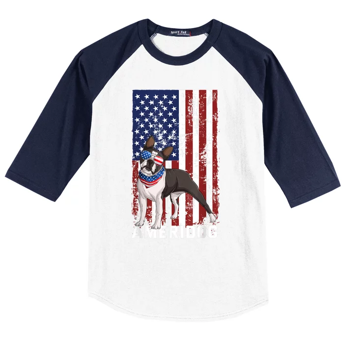 Ameridog Funny Boston Terrier With Sunglases American Flag Baseball Sleeve Shirt