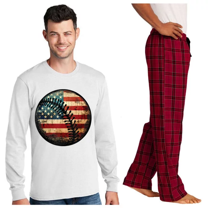 American Flag Baseball Player 4th Of July Baseball Fan Long Sleeve Pajama Set