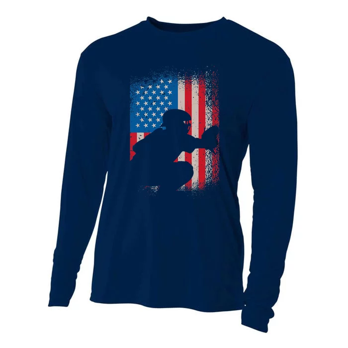 American flag baseball catcher design - USA flag baseball Cooling Performance Long Sleeve Crew