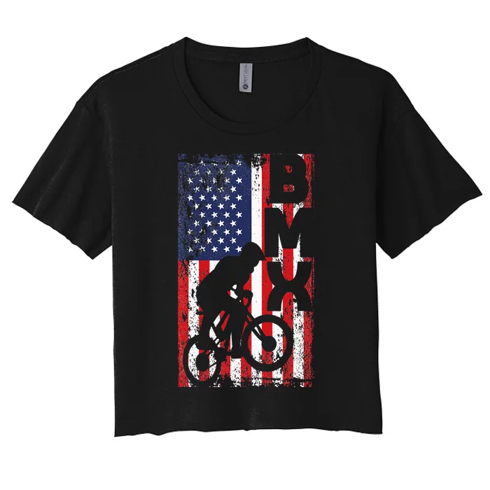 American Flag Bmx Racing Extreme Sport Riding Cool Bike Ride Women's Crop Top Tee