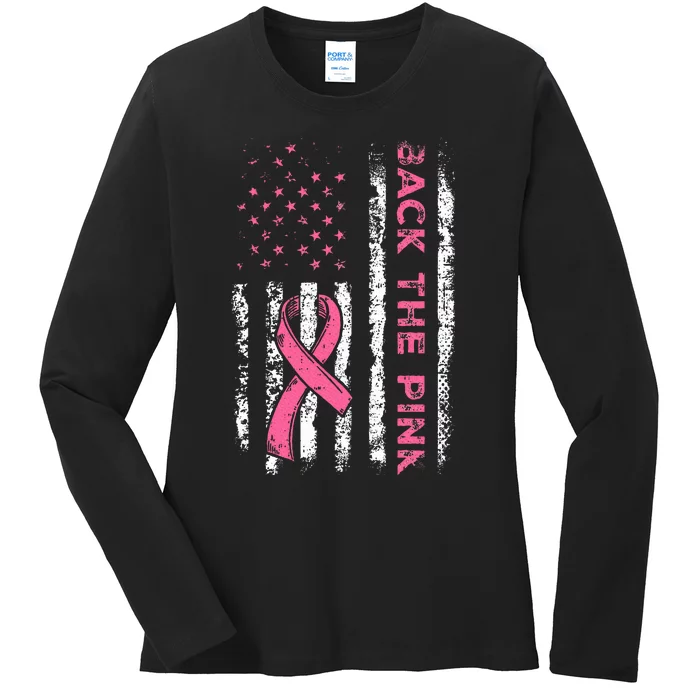 American Flag Back the Pink Breast Cancer Awareness Ribbon Ladies Long Sleeve Shirt