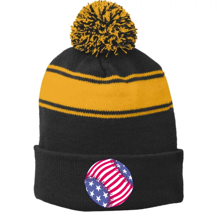 American Flag Baseball Lover Stripe Pom Pom Beanie