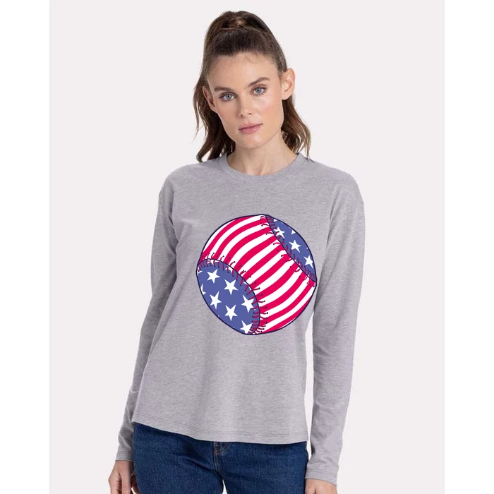 American Flag Baseball Lover Womens Cotton Relaxed Long Sleeve T-Shirt