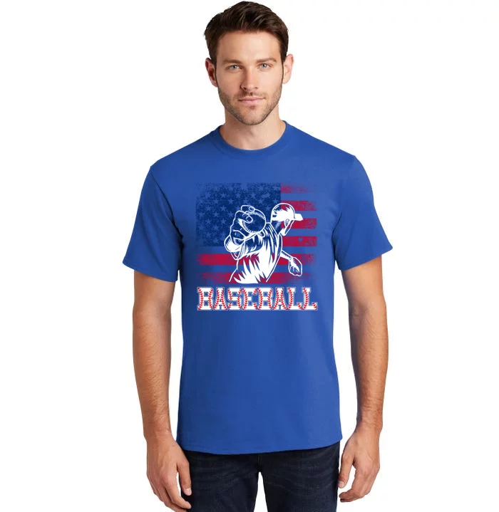 American Flag Baseball Player Batter Funny Game Day Gift Tall T-Shirt