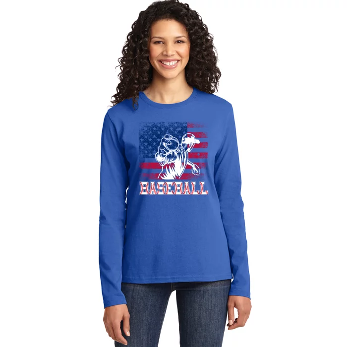 American Flag Baseball Player Batter Funny Game Day Gift Ladies Long Sleeve Shirt