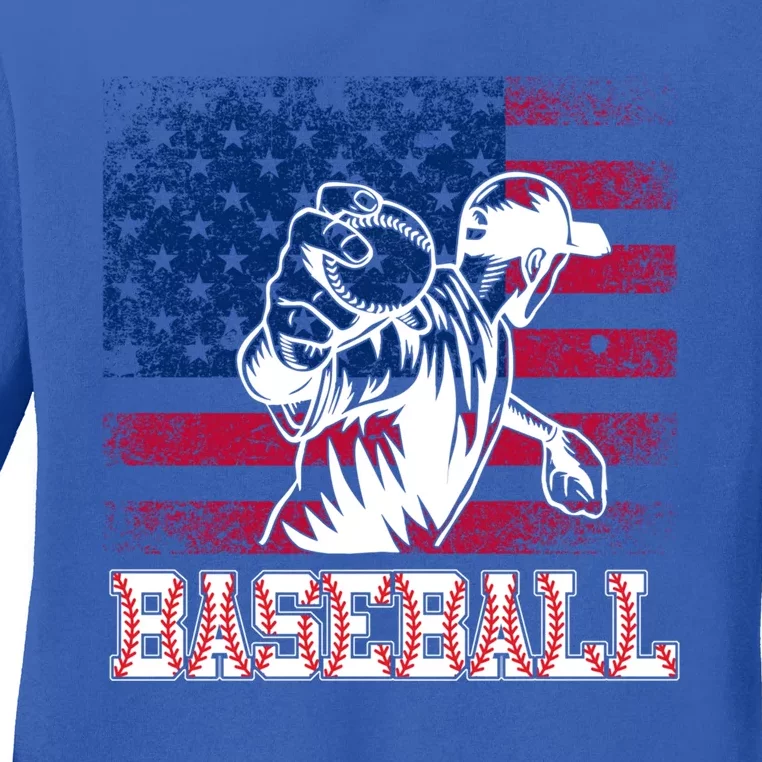 American Flag Baseball Player Batter Funny Game Day Gift Ladies Long Sleeve Shirt