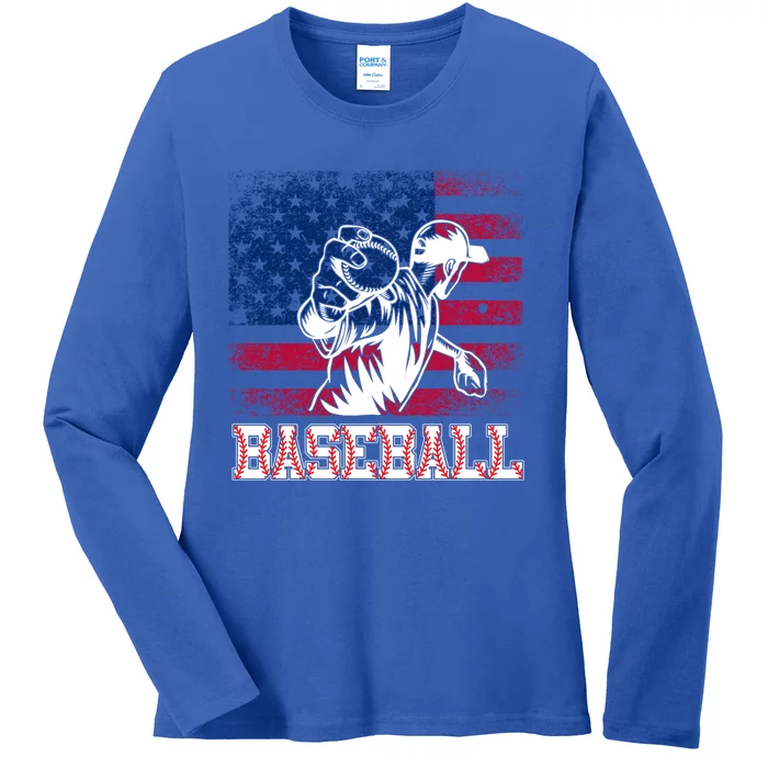 American Flag Baseball Player Batter Funny Game Day Gift Ladies Long Sleeve Shirt