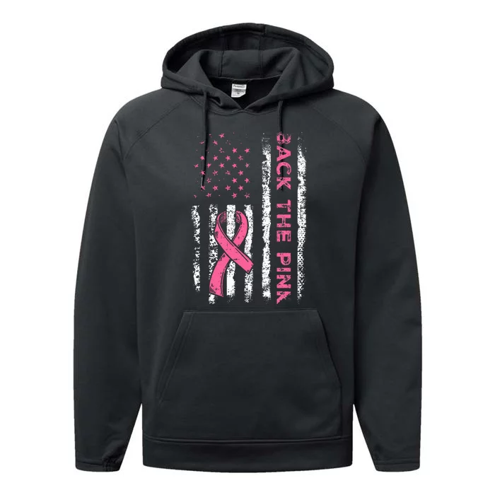 American Flag Back the Pink Breast Cancer Awareness Ribbon Performance Fleece Hoodie