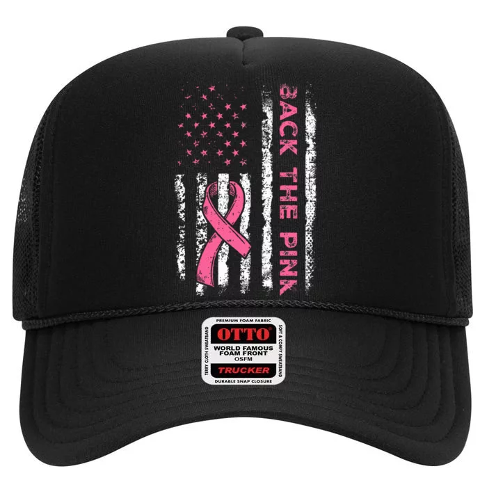 American Flag Back the Pink Breast Cancer Awareness Ribbon High Crown Mesh Trucker Hat