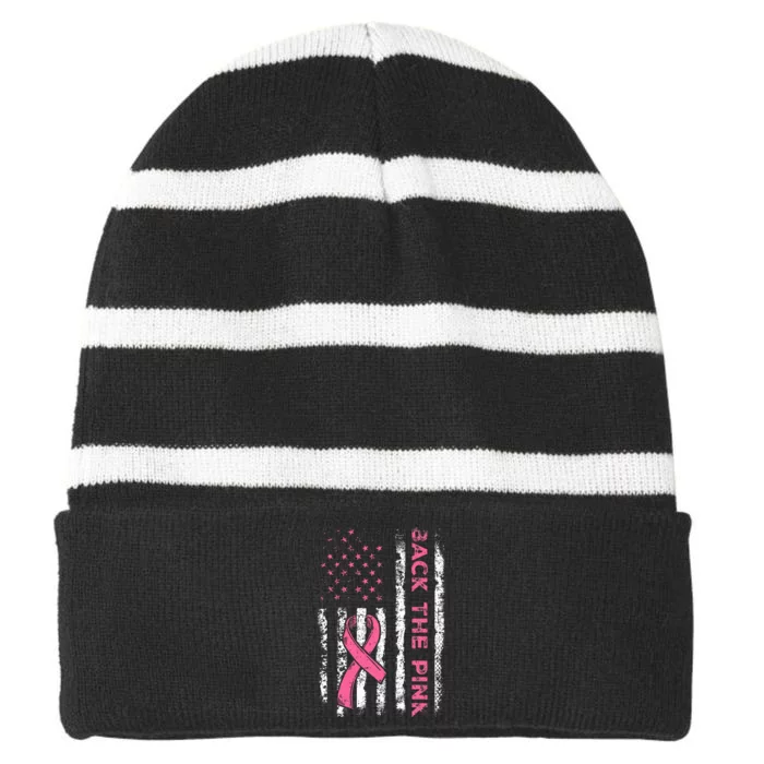 American Flag Back the Pink Breast Cancer Awareness Ribbon Striped Beanie with Solid Band