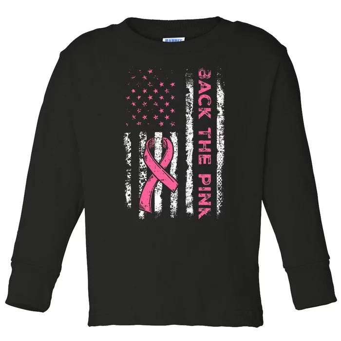 American Flag Back the Pink Breast Cancer Awareness Ribbon Toddler Long Sleeve Shirt