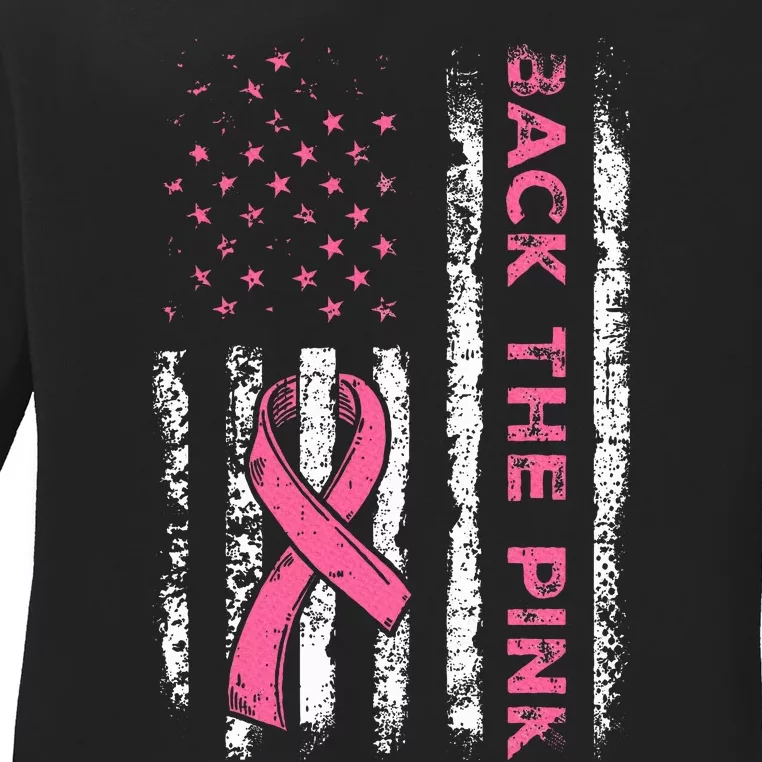 American Flag Back the Pink Breast Cancer Awareness Ribbon Ladies Long Sleeve Shirt