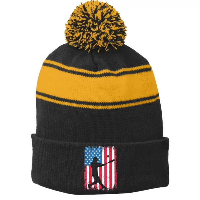 American Flag Baseball Team Gift Stripe Pom Pom Beanie