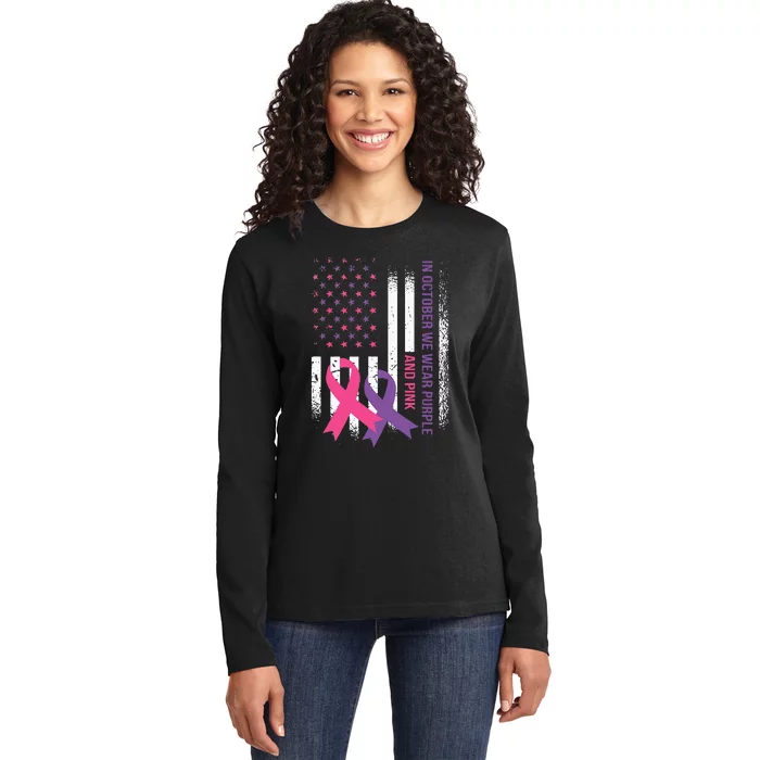 American Flag Breast Cancer And Domestic Violence Awareness Ladies Long Sleeve Shirt