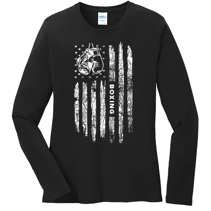 American Flag Boxing Distressed Boxer Vintage Boxing Ladies Long Sleeve Shirt