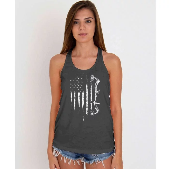 American Flag Bowhunting Bow Archery Gift For Deer Hunter Women's Knotted Racerback Tank