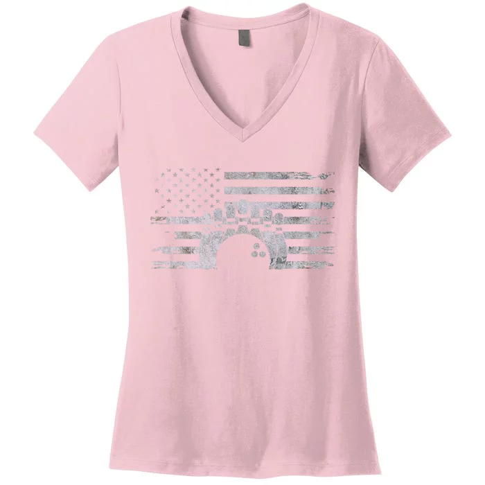 American Flag Bowling A Cool Bowling Gift Women's V-Neck T-Shirt