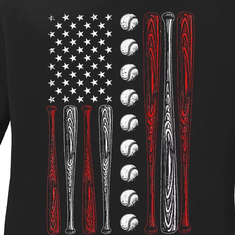 American Flag Baseball Red White Blue 4th of July Ladies Long Sleeve Shirt