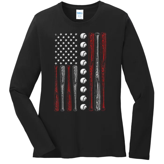 American Flag Baseball Red White Blue 4th of July Ladies Long Sleeve Shirt