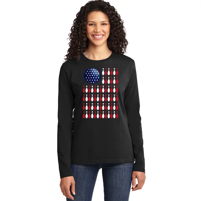 American Flag Bowling Bowler Gifts For Bowling Team Ladies Long Sleeve Shirt