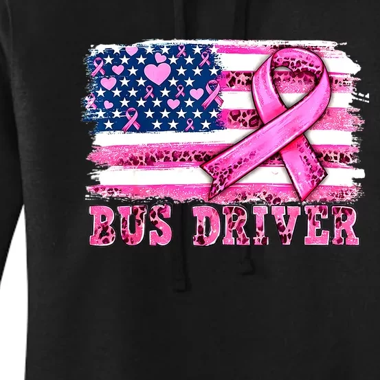 American Flag Bus Driver Ribbon Breast Cancer Awareness Gift Women's Pullover Hoodie