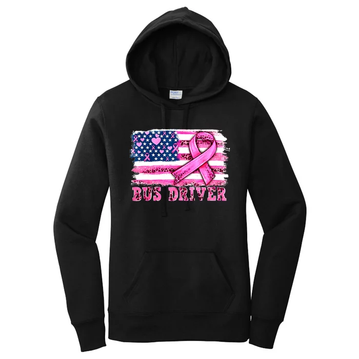 American Flag Bus Driver Ribbon Breast Cancer Awareness Gift Women's Pullover Hoodie