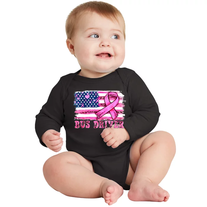 American Flag Bus Driver Ribbon Breast Cancer Awareness Gift Baby Long Sleeve Bodysuit