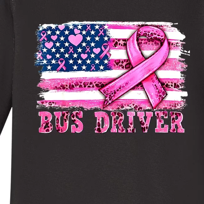 American Flag Bus Driver Ribbon Breast Cancer Awareness Gift Baby Long Sleeve Bodysuit