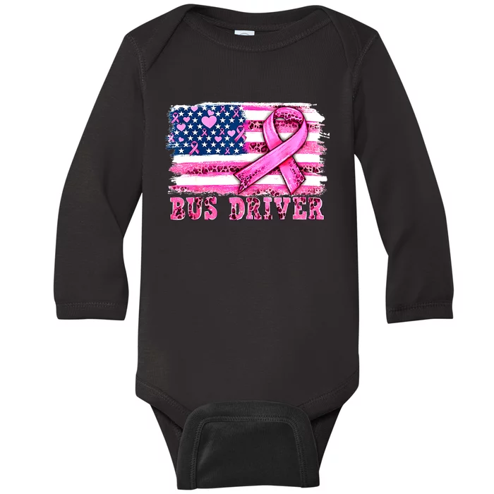 American Flag Bus Driver Ribbon Breast Cancer Awareness Gift Baby Long Sleeve Bodysuit