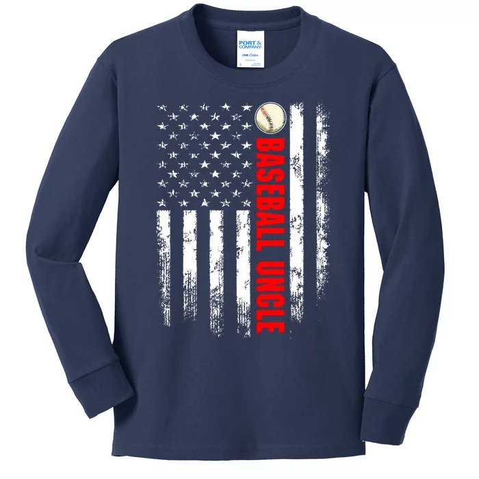 American Flag Baseball Uncle Backside Kids Long Sleeve Shirt