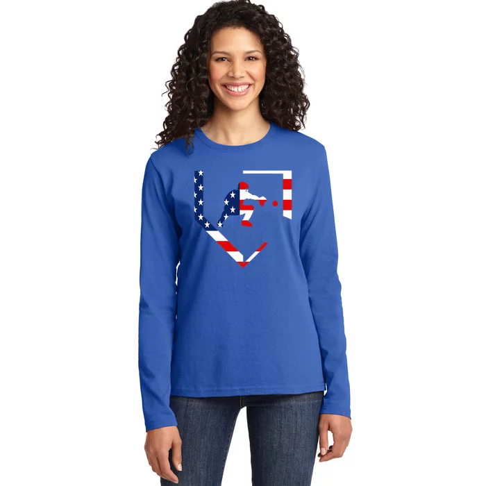 American Flag Baseball Catcher Gear Baseballin Ladies Long Sleeve Shirt