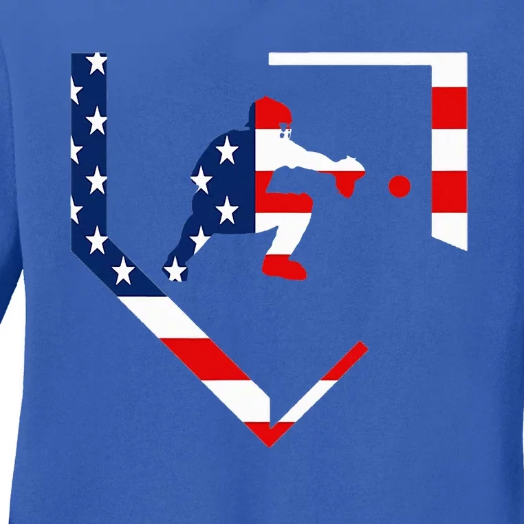 American Flag Baseball Catcher Gear Baseballin Ladies Long Sleeve Shirt