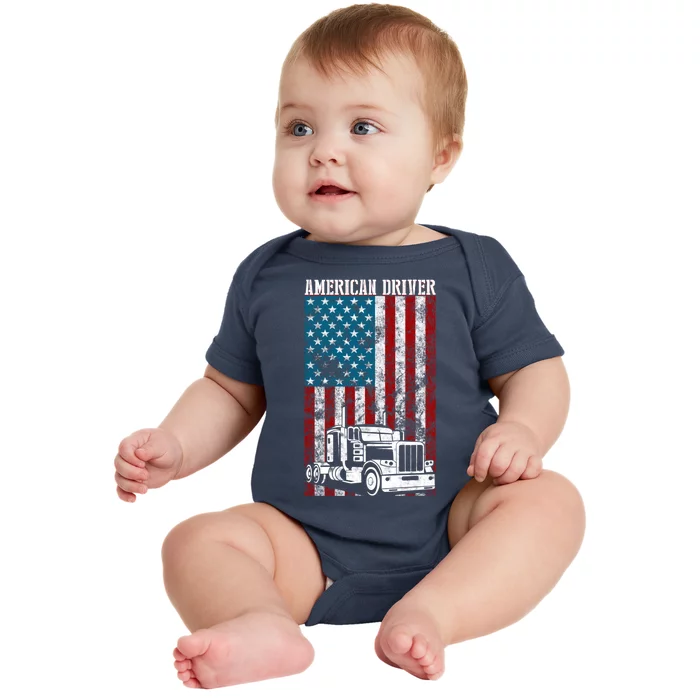 American Flag Big Rig Semitrailer Truck Driver Gift Baby Bodysuit