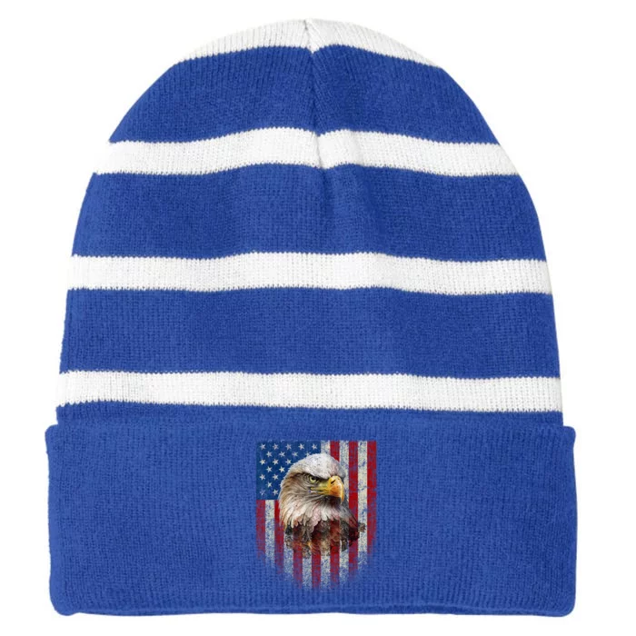 American Flag Bald Eagle Patriotic Red White Blue Striped Beanie with Solid Band