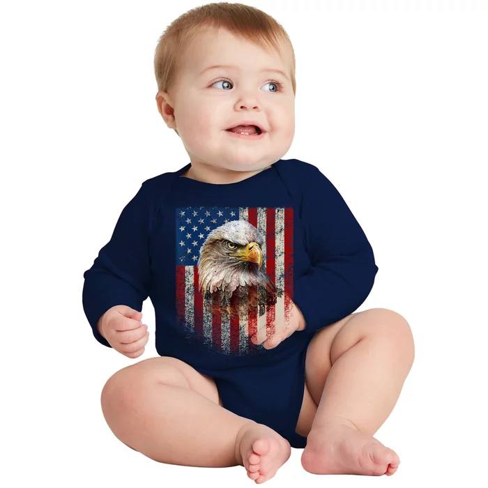 American Flag Bald Eagle Patriotic Red White Blue Baby Long Sleeve Bodysuit