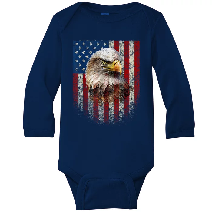 American Flag Bald Eagle Patriotic Red White Blue Baby Long Sleeve Bodysuit