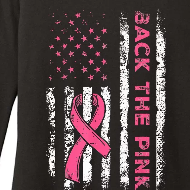 American Flag Back Pink Breast Cancer Awareness Ribbon Womens CVC Long Sleeve Shirt