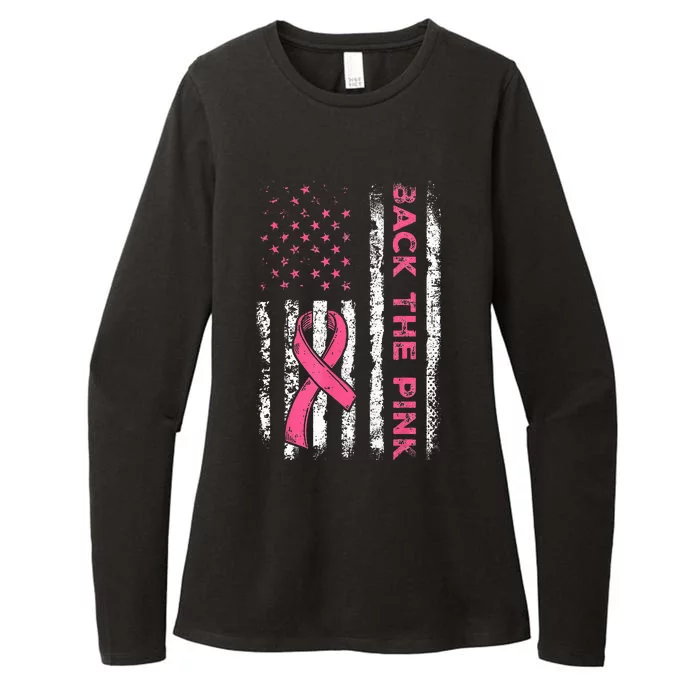 American Flag Back Pink Breast Cancer Awareness Ribbon Womens CVC Long Sleeve Shirt