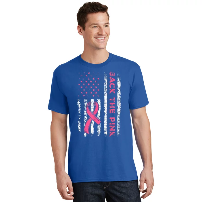 American Flag Back Pink Breast Cancer Awareness Ribbon T-Shirt