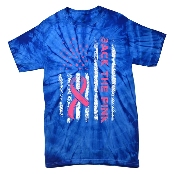 American Flag Back Pink Breast Cancer Awareness Ribbon Tie-Dye T-Shirt