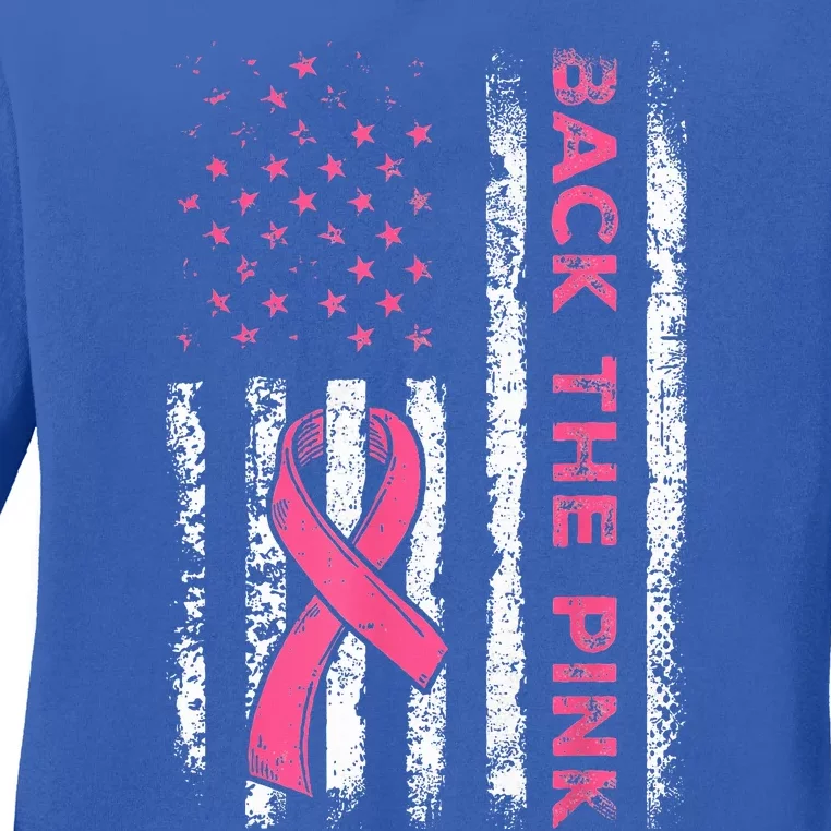 American Flag Back Pink Breast Cancer Awareness Ribbon Ladies Long Sleeve Shirt