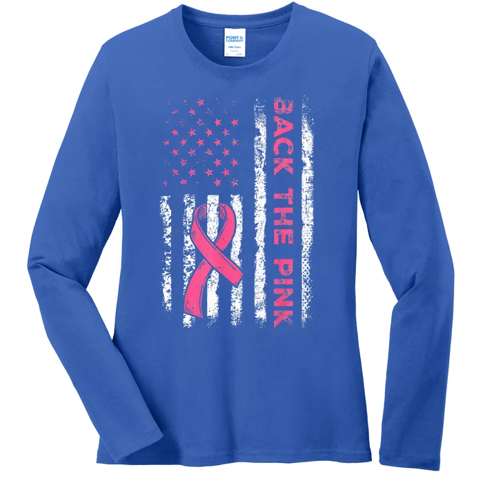 American Flag Back Pink Breast Cancer Awareness Ribbon Ladies Long Sleeve Shirt