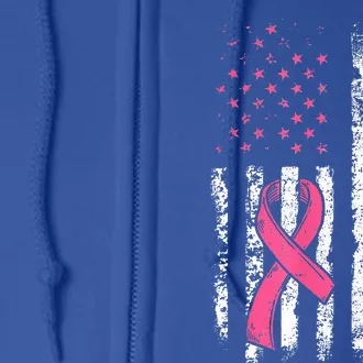 American Flag Back Pink Breast Cancer Awareness Ribbon Full Zip Hoodie