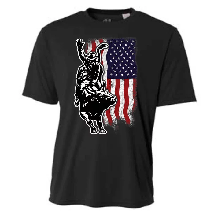 American Flag Bull Riding Cowboy 4th Of July Patriotic Rodeo Cooling Performance Crew T-Shirt