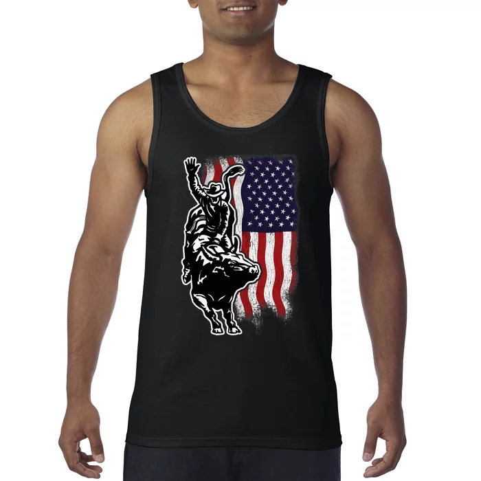 American Flag Bull Riding Cowboy 4th Of July Patriotic Rodeo Tank Top