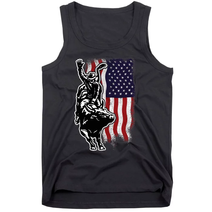 American Flag Bull Riding Cowboy 4th Of July Patriotic Rodeo Tank Top